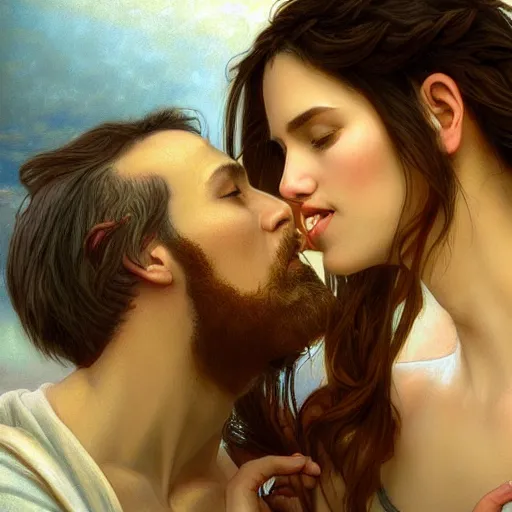 Image similar to jesus kissing a sensual woman in jerusalem, elegant, highly detailed, digital painting, artstation, concept art, matte, sharp focus, highly detailed, 4 k, hdr, smooth, sharp focus, high resolution, award - winning photo, photorealistic, art by artgerm and greg rutkowski and alphonse mucha, large shot