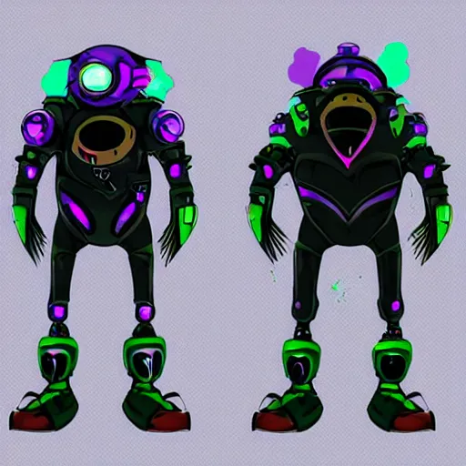 Prompt: official character sheets for a new vampire squid casual mech suit, window showing characters face, art by tim schafer black velvetopia art for psychonauts from double fine studios, art by splatoon from nintendo, black light rave, bright neon colors, spray paint, punk, tall thin build, adult character, fully clothed, colorful