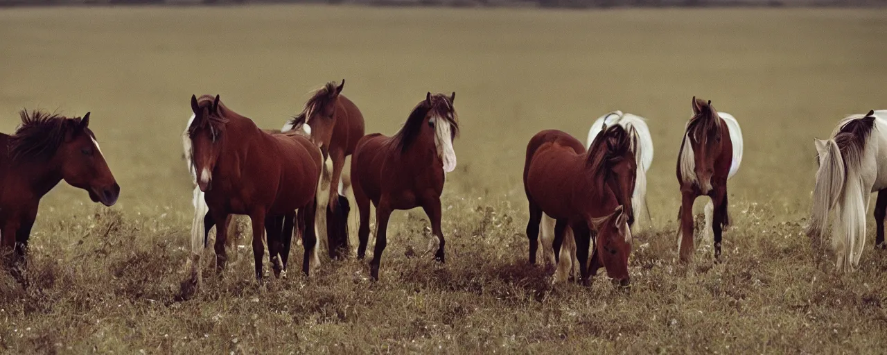 Image similar to wild horses eating spaghetti in a field, in the style of national geographic, canon 5 0 mm, film, kodachrome, retro, muted