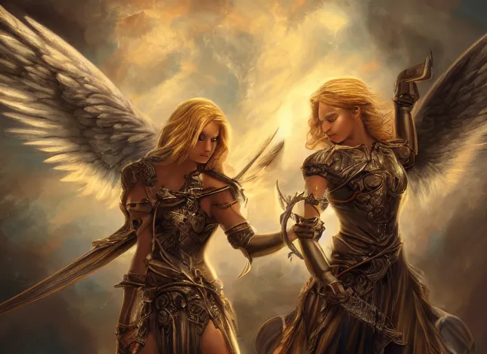 Image similar to a digital painting of an angel holding two swords, a digital rendering by jan tengnagel, fantasy art, deviantart uhd, deviantart, apocalypse art, ray tracing, highly detailed, high quality, 8 k resolution