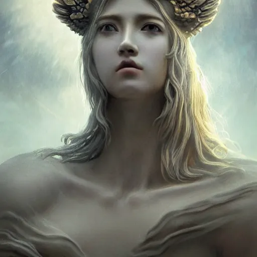 Image similar to A digital masterpiece illustration concept art of a giant statue of a very beautiful Greek Goddess, beautiful eyes, symmetrical face, symmetrical body with its top in the heaven, taiga landscape + inspired art by by WLOP + Extremely detailed and intricate complexity + epic composition, magical atmosphere, cinematic lighting + wide long shot, wide angle + trending on artstation + 8k