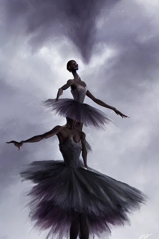 Image similar to black prima ballerina, gorgeous, ethereal, intricate, elegant, volumetric lighting, nature scenery, digital painting, highly detailed, artstation, sharp focus, illustration, concept art, clive barker