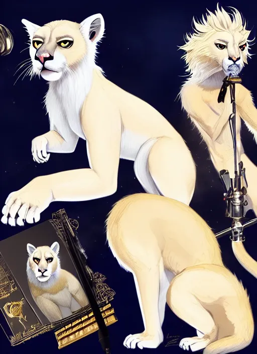 Prompt: award winning beautiful portrait commission of a male furry anthro albino mountain lion with a beautiful hyperdetailed attractive outfit and face wearing a gold and black rockstar outfit singing into a microphone on a stage. Character design by charlie bowater, ross tran, and makoto shinkai, detailed, inked, western comic book art