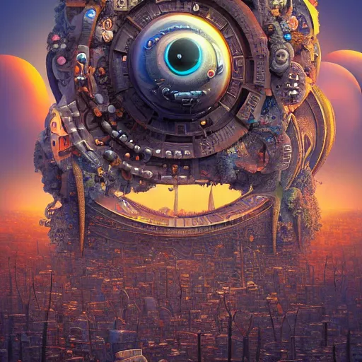 Prompt: a surreal landscape of dystopian city naoto hattori, android jones, and chris dyer, deep bold colors, galactic entity, depth of field, intricate beautiful painting, billions of details, octane render, portal, 8 k, detailed vector, trending on artstation, cgisociety, wow!!!!!!