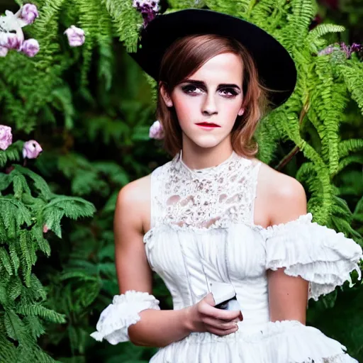 Prompt: wearing raybands full body fashion model emma watson smokey eyes makeup eye shadow fantasy, glow, shimmer as victorian woman in a long white frilly lace dress and a large white hat having tea in a sunroom filled with flowers, roses and lush fern flowers ,intricate, night, highly detailed, dramatic lighting , high quality