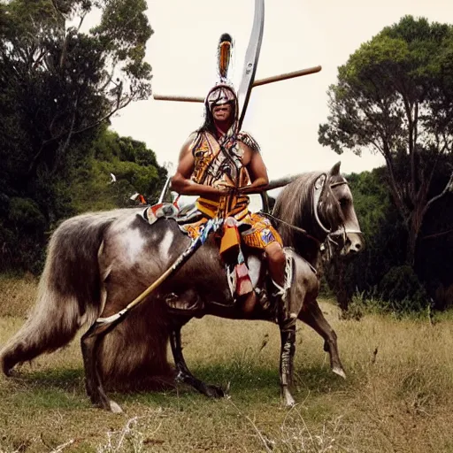 Prompt: Maori warrior on ancient motorcucle with drone by david lachapelle, old photo, vintage