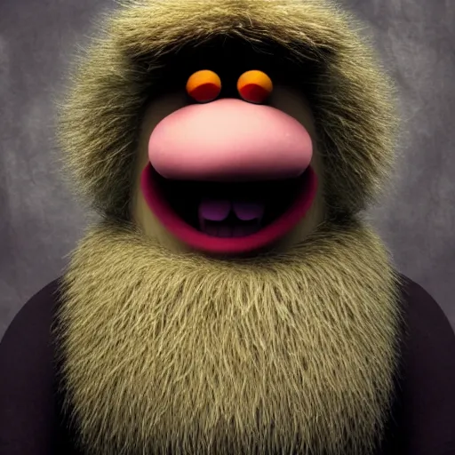 Image similar to a still of a forgotten muppet character looking very manly and modern, hilarious, laughing, hairy chest, huge chin, manly monster tough guy, roughled fur, photo real, photographic, photograph, artstation, trending, featured