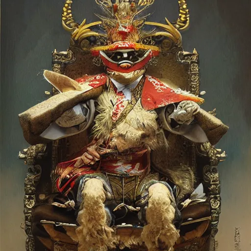 Image similar to medium shot portrait of the hen emperor of japan dressed as a chicken with a scary smile, sitting on his throne, highly detailed painting by gaston bussiere, craig mullins, j. c. leyendecker 8 k