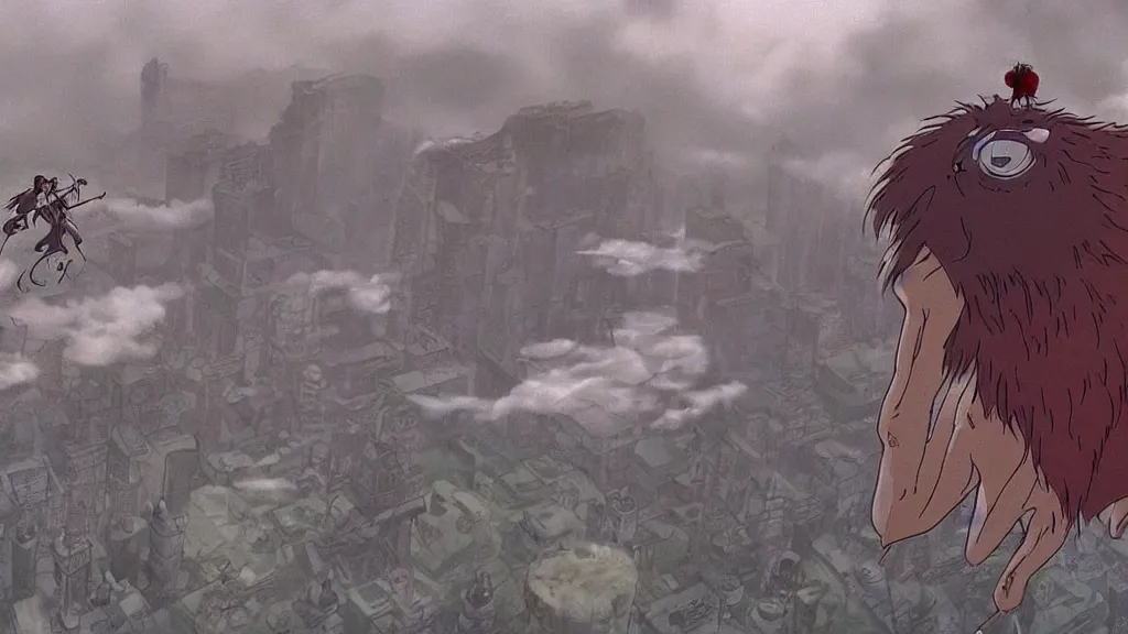 Image similar to a cell shaded cartoon movie still from princess mononoke ( 1 9 9 7 ) showing a lovecraftian monster from independence day ( 1 9 9 6 ) in the air above a city. very dull muted colors, hd, 4 k, hq