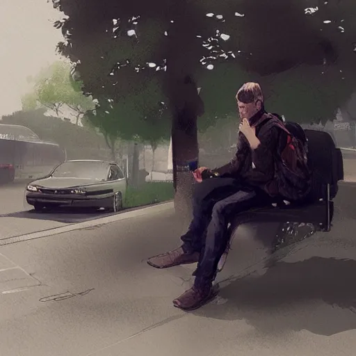 Prompt: a young man waiting at the bus stop in ireland, digital art by greg rutkowski