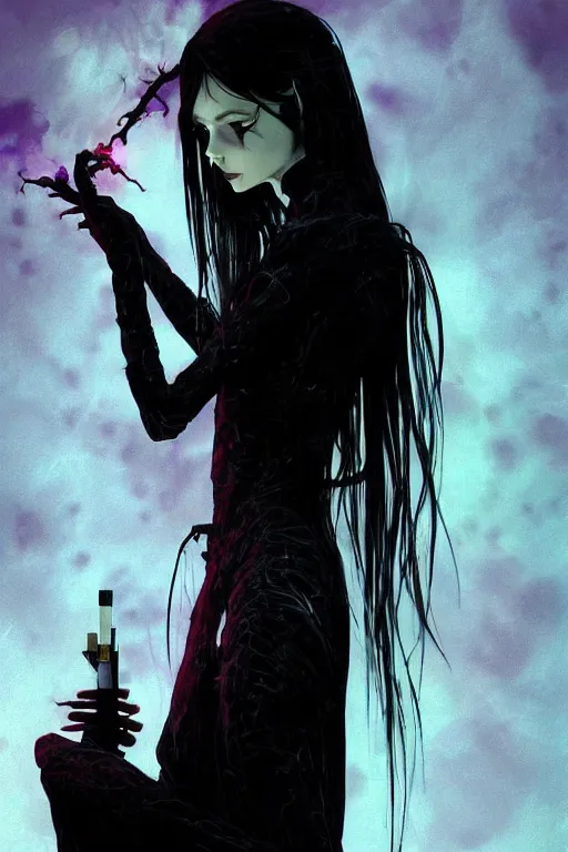 Image similar to Gothic girl smoking a fractal cigarette, dark background. digital art. amazing quality. perfect lighting. Professional design. Great composition. by Bill Sienkiewicz and Tomoyuki Yamasaki and Tsutomu Nihei, octane render, award winning art. impressive colors. trending on artstation. by RHADS