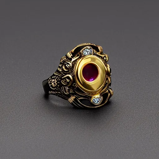 Prompt: complex golden ring with cameo and gems of a vampire mouth with a cyberpunk and gothic style, 8k, details