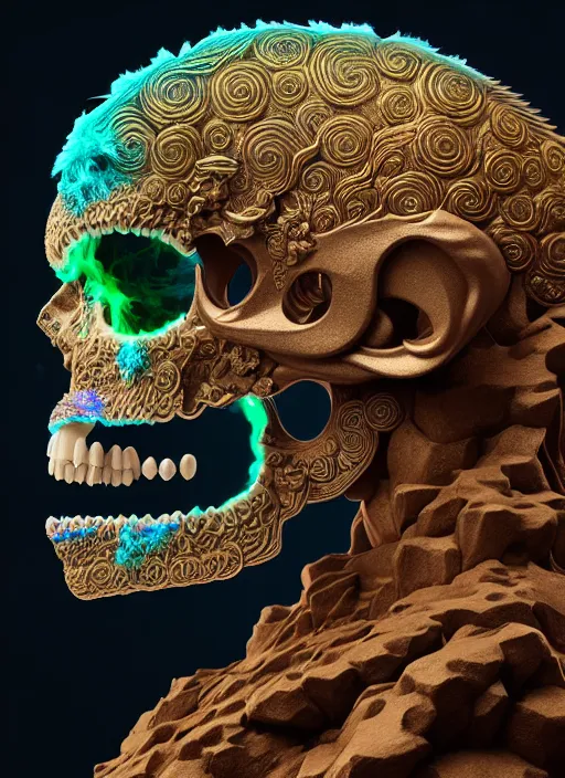 Image similar to 3 d goddess profile portrait, sigma 5 0 0 mm f / 5. beautiful intricate highly detailed quetzalcoatl skull and feathers. bioluminescent, plasma, lava, ice, water, wind, creature, thunderstorm! artwork by tooth wu and wlop and beeple and greg rutkowski, 8 k trending on artstation,