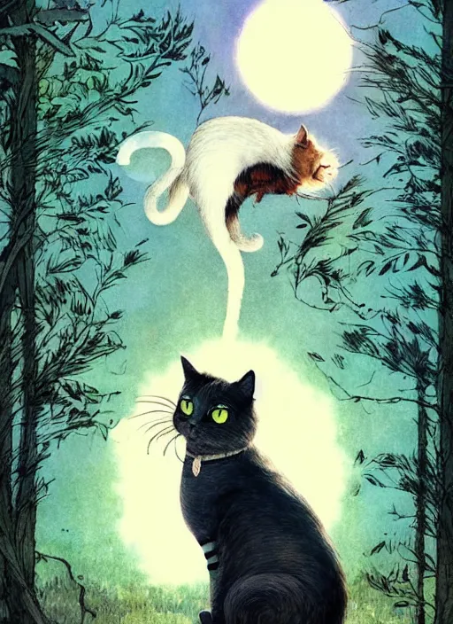 Image similar to a hyper realistic ink cat and the meaning of life and sunbeams blue sky, lush forest comic by chiara bautista and norman rockwell and greg rutkowski weta studio, and lucasfilm