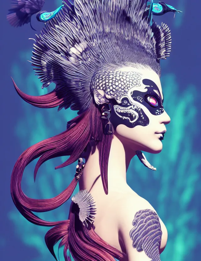 Image similar to 3 d goddess close - up profile simple portrait punk with mohawk with ram skull. beautiful intricately detailed japanese crow kitsune mask and clasical japanese kimono. betta fish, jellyfish phoenix, bio luminescent, plasma, ice, water, wind, creature, artwork by tooth wu and wlop and beeple and greg rutkowski