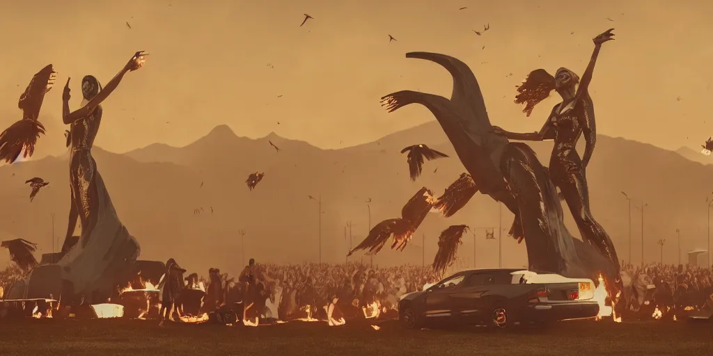 Image similar to realistic cinematic views of a orwellian coachella with fires in the background and dead seagulls falling from the sky in front of the main stage worshipping a large statue of kylie jenner, hyper detailed, terror glows, hyper realistic, digital painting, 8 k, 3 5 mm film grain, octane render