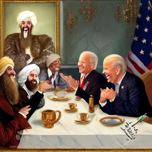 Image similar to a painting of joe biden laugh in tea party with osama bin laden, justify content center, hyper realistic content, frontal hyperdetailed realistic content, sharp focus, intricate, baroque, delete duplicate content