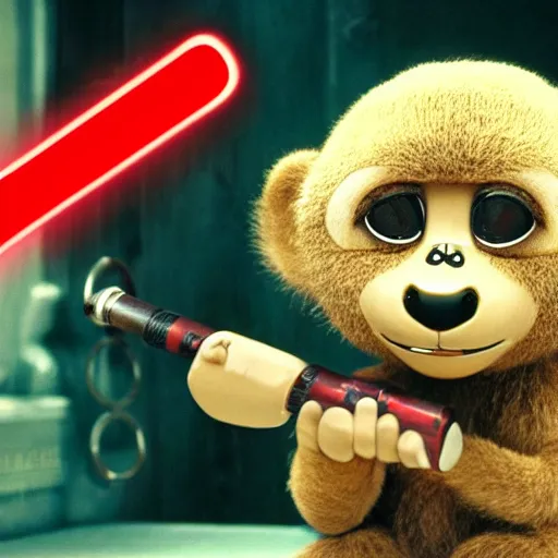 Prompt: A movie still of Cheburashka with large monkey-like ears from Eduard Uspensky\'s novels holding a lightsaber, 4K