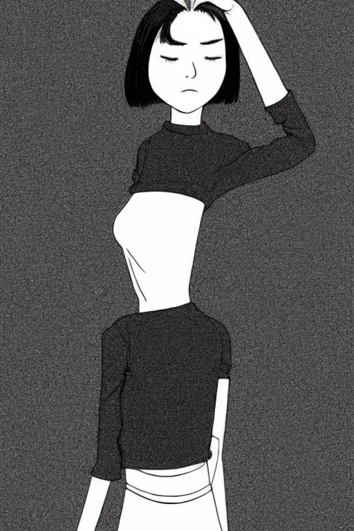 Image similar to portrait of a girl in long pants and a top, hands in pockets, eyes closed, bob haircut, digital art, black and white, minimalistic illustration by junji ito and kaoru mori