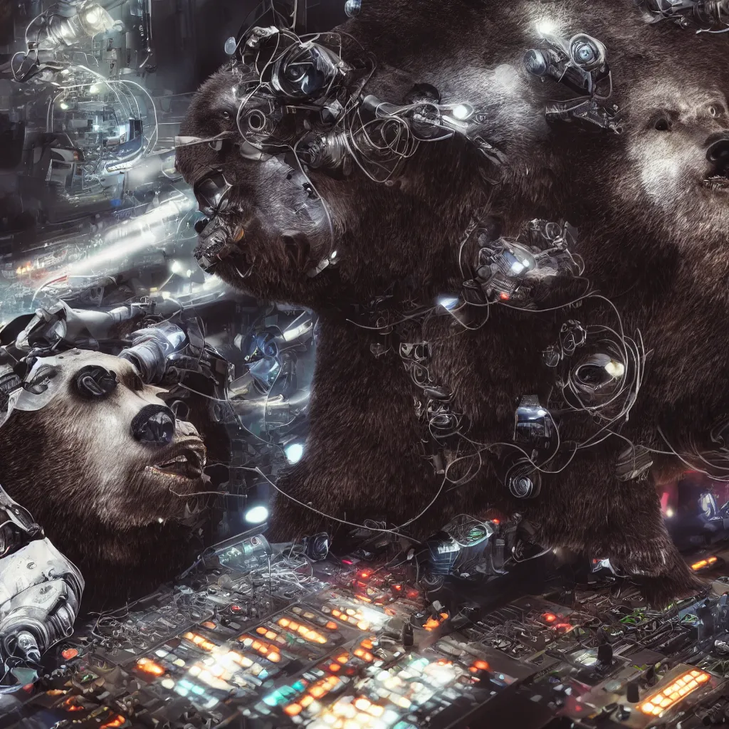 Image similar to a cyborg grizzly bear dj mixing records on stage, photorealistic, highly detailed, illustration, lifelike, highly detailed, intricate, octane render, sharp focus, cyberpunk