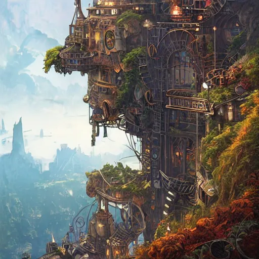 Image similar to steampunk city on a cliff, dense foliage poster art by kim jung giu and weta studio, and lucasfilm and jesper ejsing and norman rockwell greg rutkowski frank frazzeta