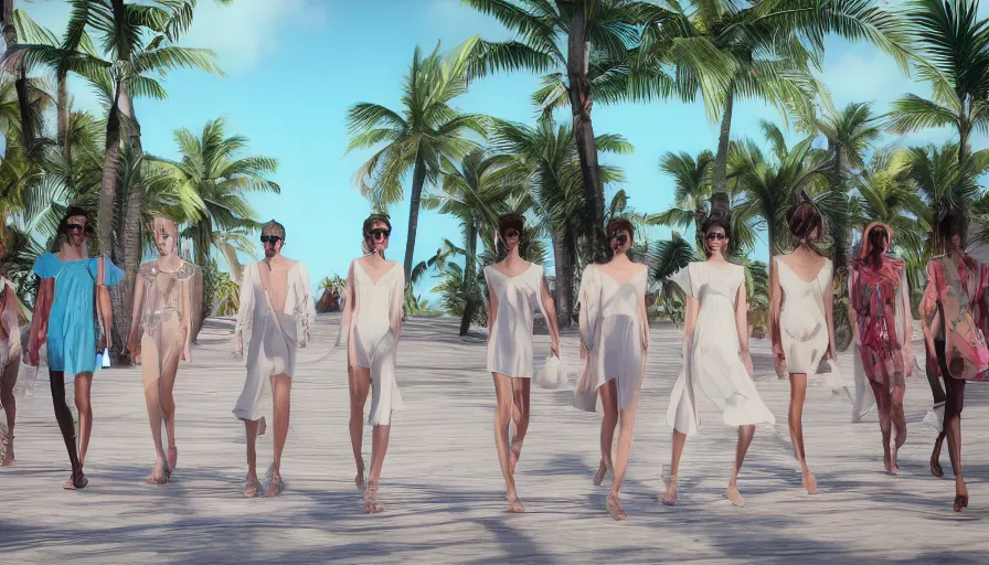 Prompt: Fashion Catwalk Rendering on the Bahamas, Paradise, Octane Render, Redshift, 8k