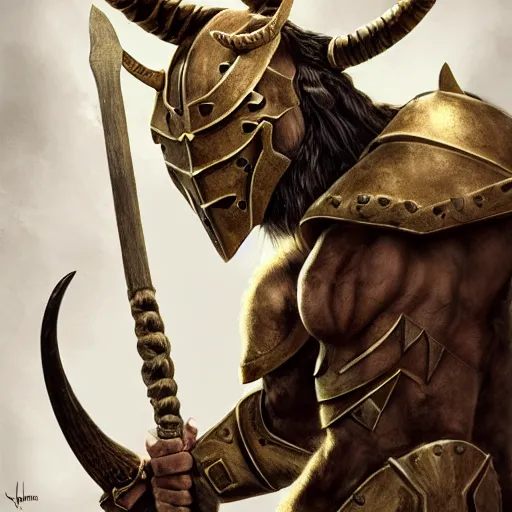 Image similar to Giant minotaur humanoid beast warrior with two handed axe, horned helmet, concept art, heavy white and golden armor, giant horns, portrait, dungeons and dragons, hyperrealism, high details, digital painting, dark fantasy