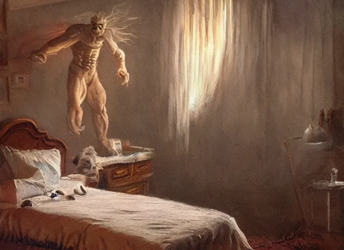 Image similar to terrifying monster in a bedroom by james gurney, volumetric lighting