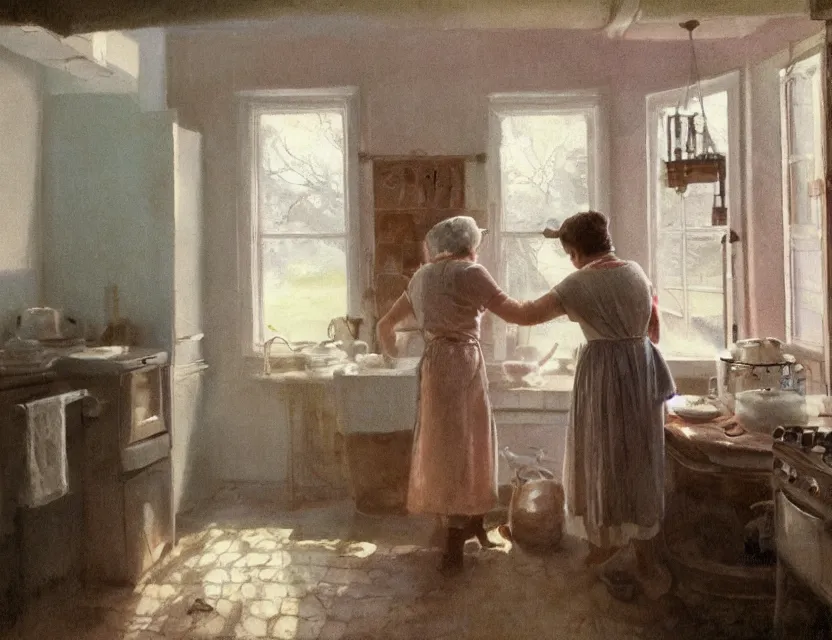 Image similar to grandmother cooking in a kitchen in country house, back view, cottage core, cinematic focus, polaroid photo bleached vintage pastel colors high - key lighting, soft lights, foggy, by steve hanks, by lisa yuskavage, by serov valentin, by tarkovsky, 8 k render, detailed, oil on canvas