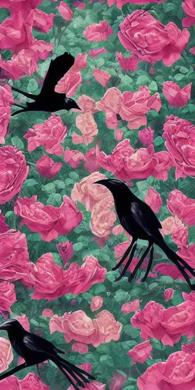 Image similar to crows made out of roses, rose crows, flower crows, crows made of flowers, muted tones, album artwork, expressionist, serene,