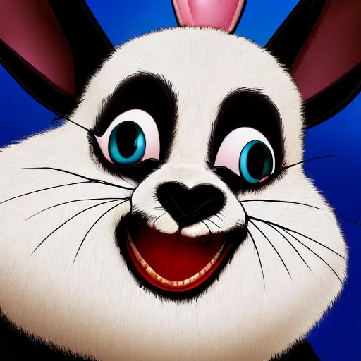 Image similar to A extremely highly detailed majestic hi-res beautiful, highly detailed head and shoulders portrait of a scary terrifying, horrifying, creepy black cartoon rabbit with scary big eyes, laughing in the style of Walt Disney
