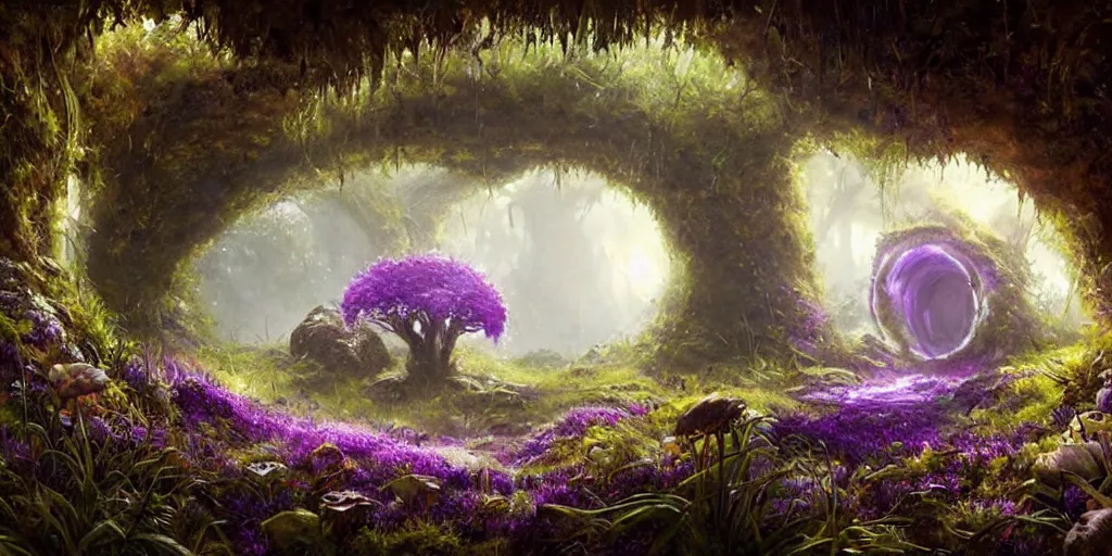 Prompt: beautiful hyper realistic zergling tunnel cave of purple crystals, overgrowth of grass, plants, mushrooms, beautiful painting by greg rutkowski set in lord of the rings, starcraft, atmosphere, ethereal, magic, amazing, positive vibes