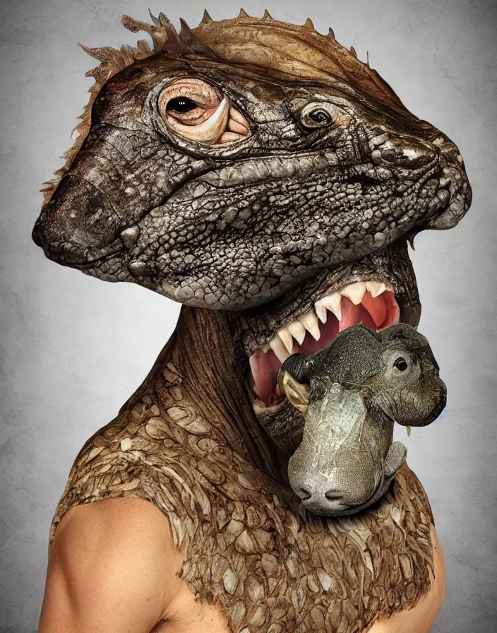 Image similar to portrait of muscular animal human merged head dolphin skin, scales, merged with monkey head, hippo face morphed, gills, horse head animal merge, morphing dog head, merging crocodile head, anthropomorphic, creature, solid background