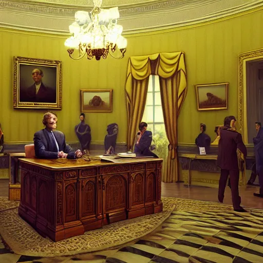 Prompt: spongebob in the oval office as president of the united states, volumetric lighting, 8 k octane beautifully detailed render, post - processing, extremely hyper - detailed, intricate, epic composition, cinematic lighting, masterpiece, trending on artstation, detailed detailed detailed, masterpiece, stunning art by anders zorn, wonderful masterpiece by greg rutkowski, beautiful cinematic light,