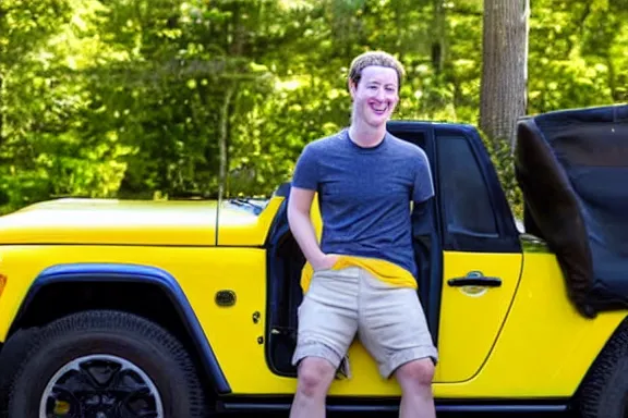 Image similar to a full shot of mark zuckerberg laying on the hood of a yellow jeep in someone's driveway