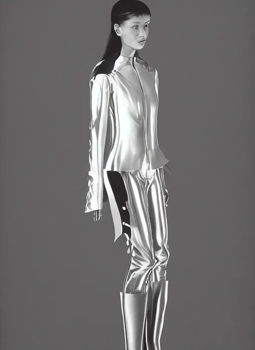 Image similar to an early 0 0's aesthetic portrait of an european girl detailed features wearing a cyber latex wedding dress suit'utility - chic'techno - fashion trend - by issey miyake by ichiro tanida and mitsuo katsui