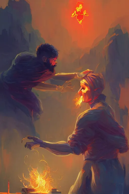 Image similar to the god prometheus handing a man a computer on fire, the fire is made of binary code, digital painting bioluminance alena aenami artworks in 4 k design by lois van baarle by sung choi by john kirby artgerm style pascal blanche and magali villeneuve