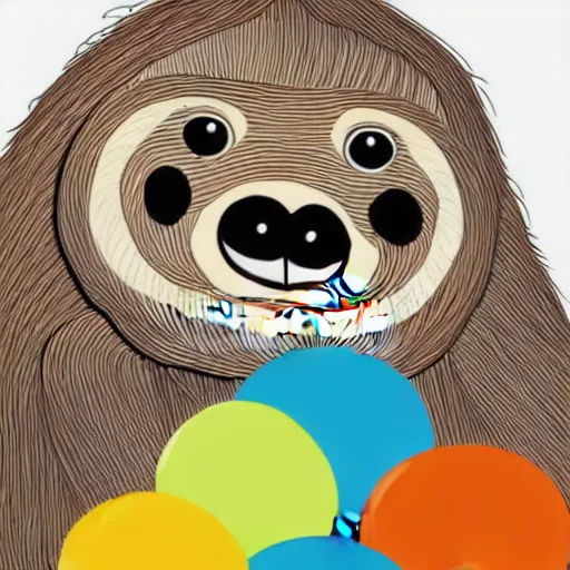 Image similar to book illustration of a sloth holding balloons, book illustration, colorful, white background, colorful image