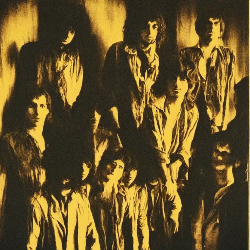 Image similar to a few men standing next to each other in a dark room, an album cover by Syd Barrett, pinterest, mannerism, antichrist, flickering light, 1970s