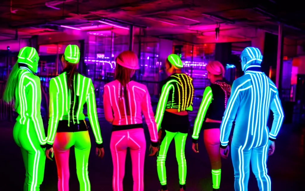 Image similar to love, diverse neon cybersuits, from behind, wide wide angle, vivid, elaborate, highly detailed, beautiful lighting