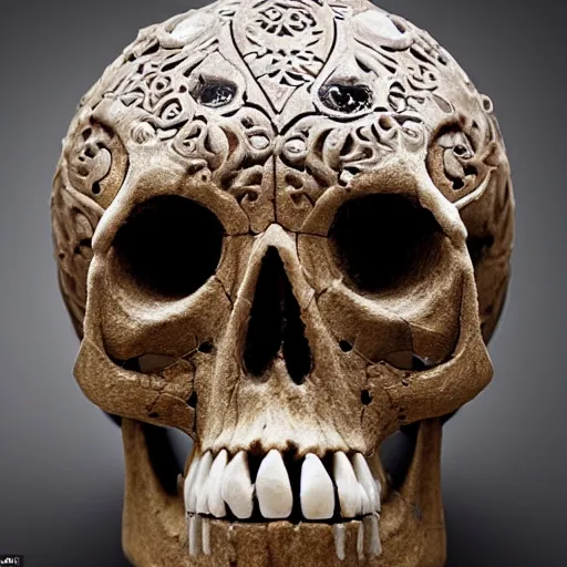 Image similar to a award winning stunning photograph of a skull with eyeballs and ornate carvings