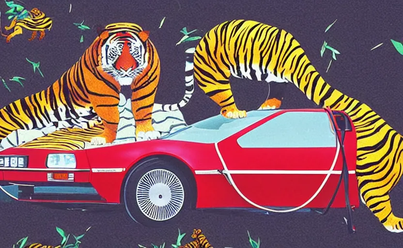 Prompt: a red delorean with a yellow tiger, art by hsiao - ron cheng and utagawa kunisada in a magazine collage, # de 9 5 f 0