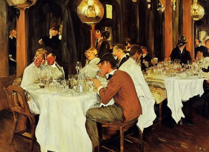 Image similar to gentlemens dinner, singing, roaring twenties, cellar, masterpiece, torches on wall, meat, wine, schnapps, smoking cigars, scantily clad blondes, oil painting by anders zorn and carl larsson, art nouveau