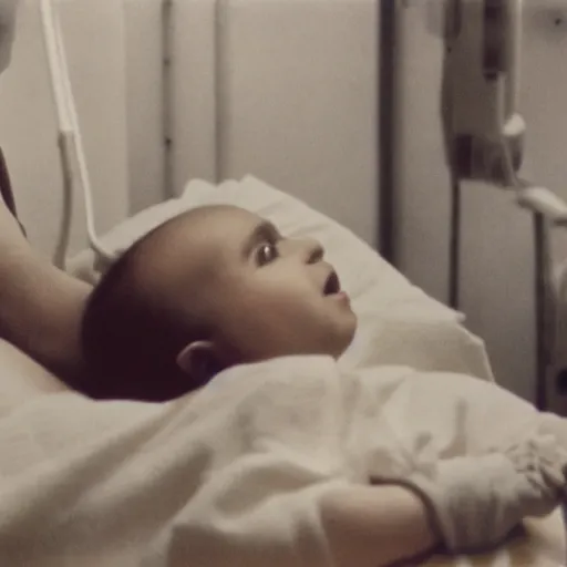 Image similar to woman who has given birth to a squishy inflatable baby, in hospital bed, French film, archival footage, technicolor film expired film, 16mm