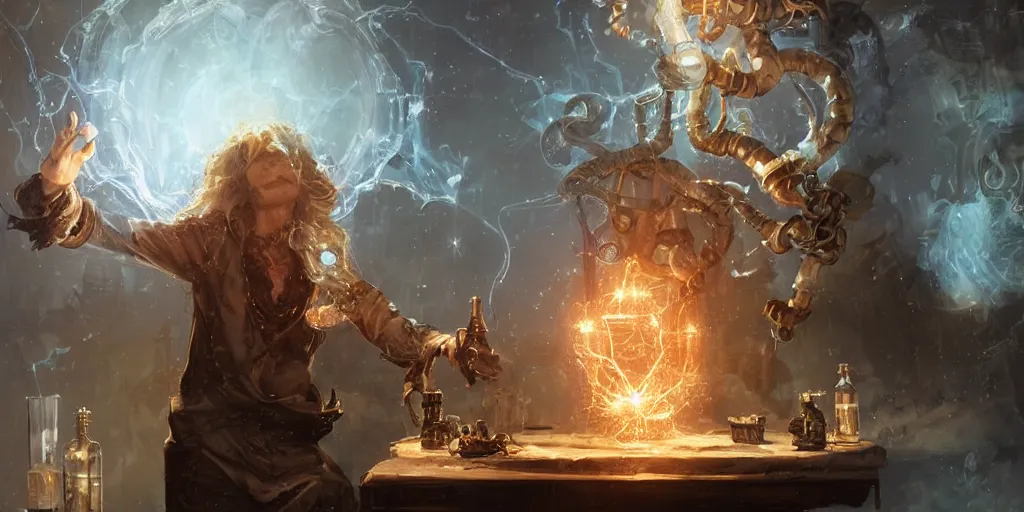 Image similar to forbidden alchemy in the baroque era, mad scientist, chains, jars, lightning, hearthstone art style, epic fantasy style art by Craig Mullins, fantasy epic digital art, epic fantasy card game art by Greg Rutkowski