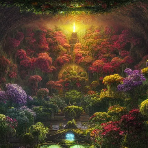 Image similar to Photorealistic Heavenly Garden in the style of Michael Whelan and Gustave Dore. Hyperdetailed photorealism, 108 megapixels, amazing depth, glowing rich colors, powerful imagery, psychedelic Overtones, 3D finalrender, 3d shading, cinematic lighting, artstation concept art