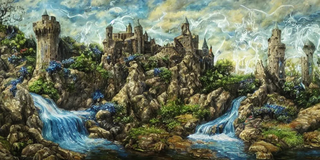 Image similar to <https://s.mj.run/S3Pu0N> oil painting, medieval fantasy, background of an isle with ancient castle ruin overrun with blue chaos magic, apple trees, apples, waterfalls, ponds, statues of heroes, golden::0.3 cloudy sky with many shimmering stars, goddesses in white::0.7 flowing silk dress, moody lighting, by brian froud and wayne barlowe and beeple::0.2, cg society, DSLR, trending on Artstation Unreal Engine VRay, octane 8k, phantasmagoric, hyperrealism, fresnel effect, very very detailed