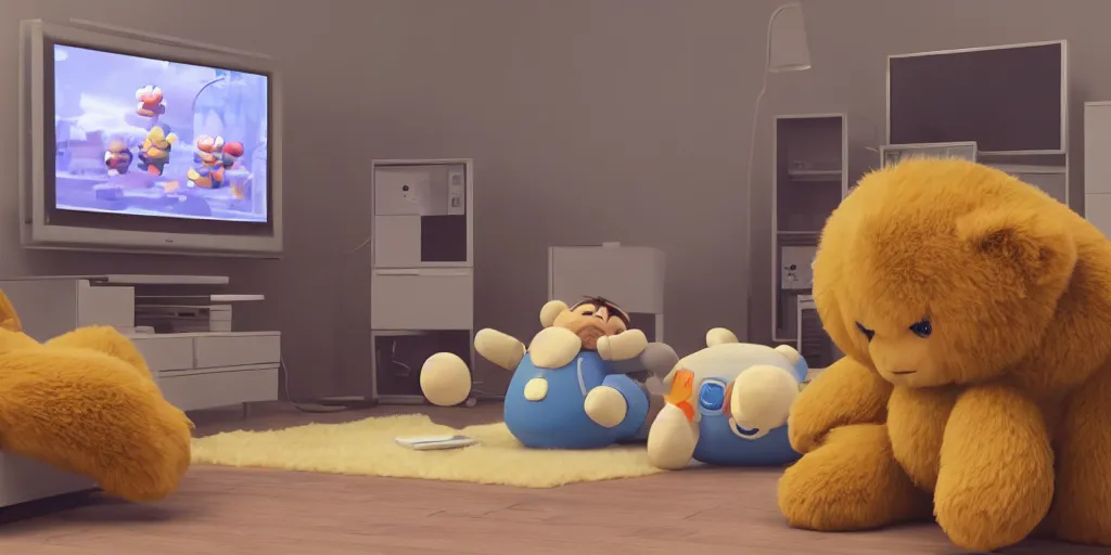 Image similar to two fluffy bears playing nintendo with tv from 1 9 7 0, octane render, 8 k resolution, cinematic