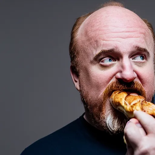 Prompt: louis c k eating a cinnamon roll, xf iq 4, f / 1. 4, iso 2 0 0, 1 / 1 6 0 s, 8 k, raw, unedited, symmetrical balance, in - frame, sharpened