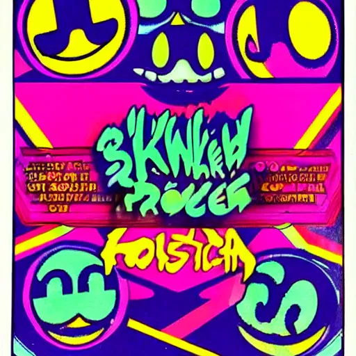 Image similar to psychedelic 1980s uk rave flyer, acid house, smiley face